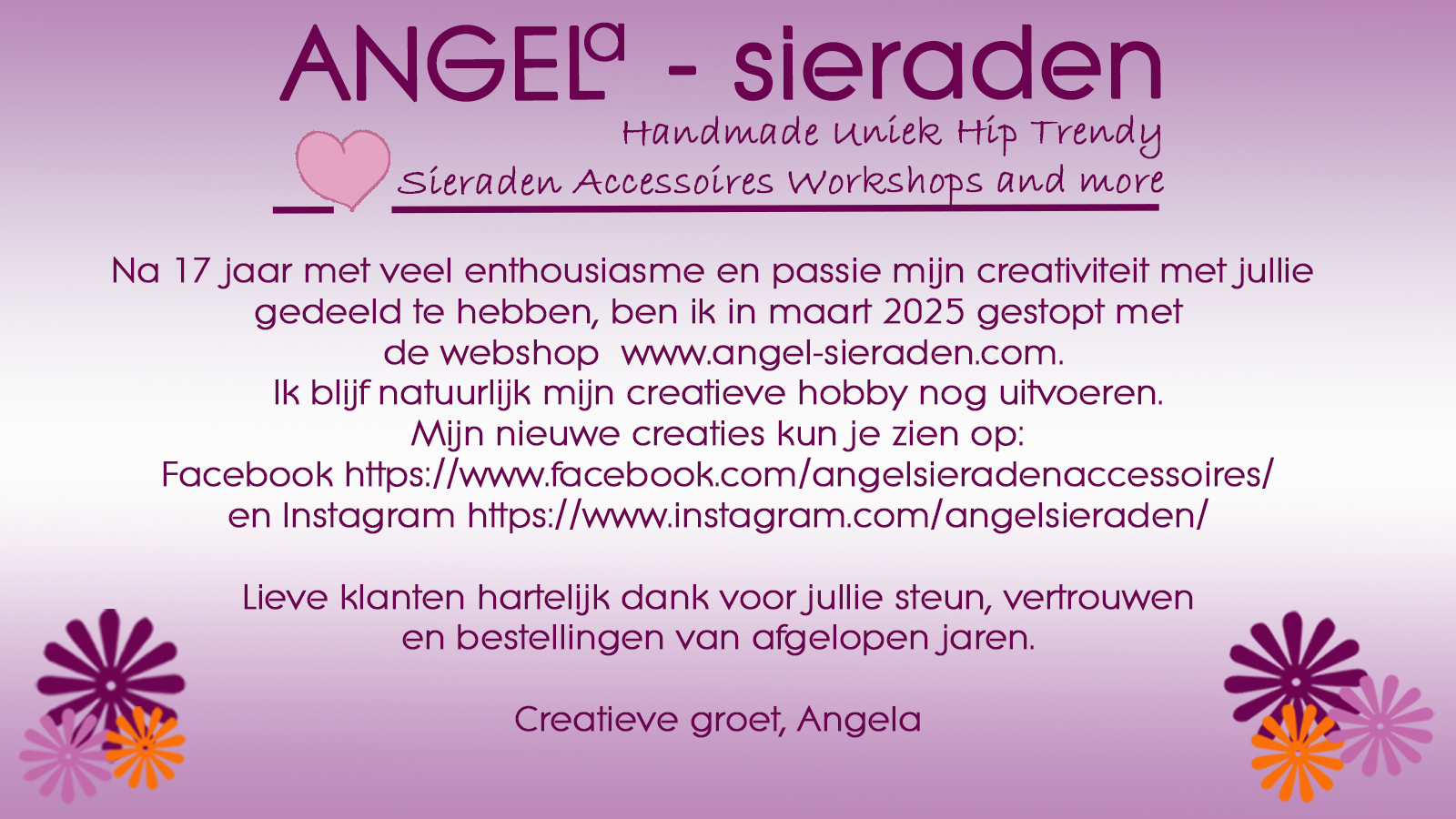 Webshop Angel-sieraden gesloten